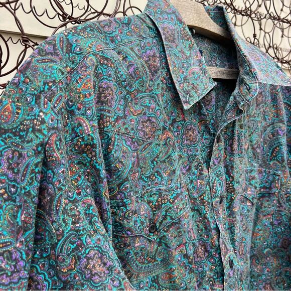 90s Panhandle Slim Teal Purple Navy Paisley Kaleidoscope Cowboy Western Shirt - Picture 2 of 5